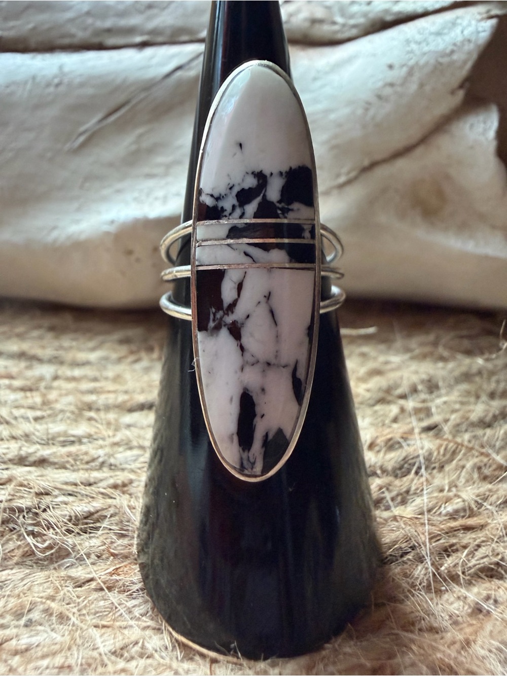 Harold Smith Silver sterling  White and Black Buffalo Oval Statement Ring